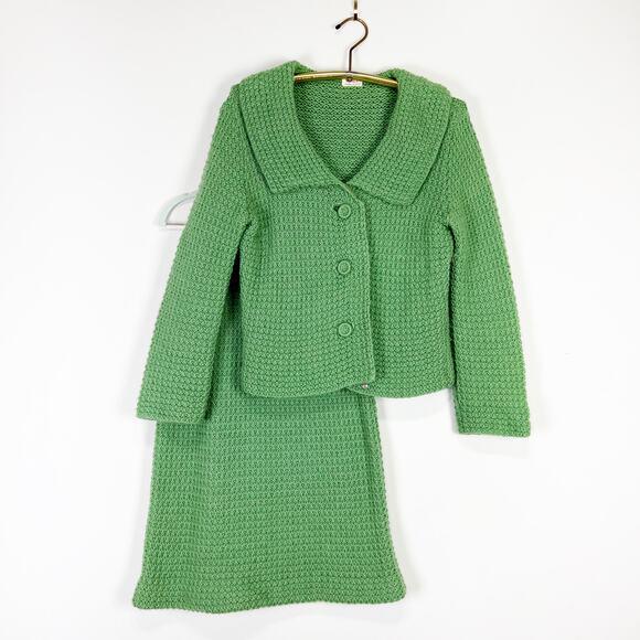 Vintage Dresses & Skirts - Vintage green knit sweater and dress set handmade by Virginia Bingham Size XS